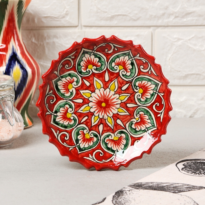 Тарелка Риштанская Керамика "Узоры", красная, 15 см, рифлёная