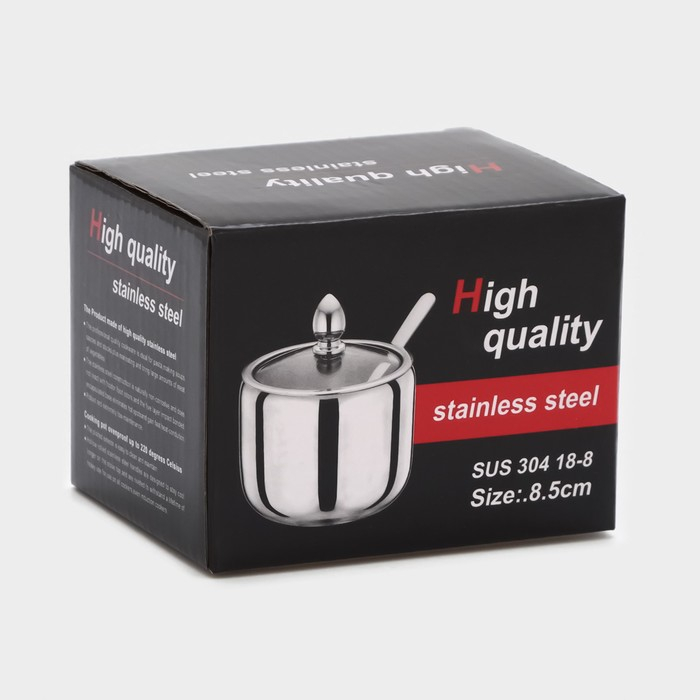 Сахарница из нержавеющей стали с крышкой и ложкой Доляна, 250 мл, 8,5&times;10 см, цвет серебряный