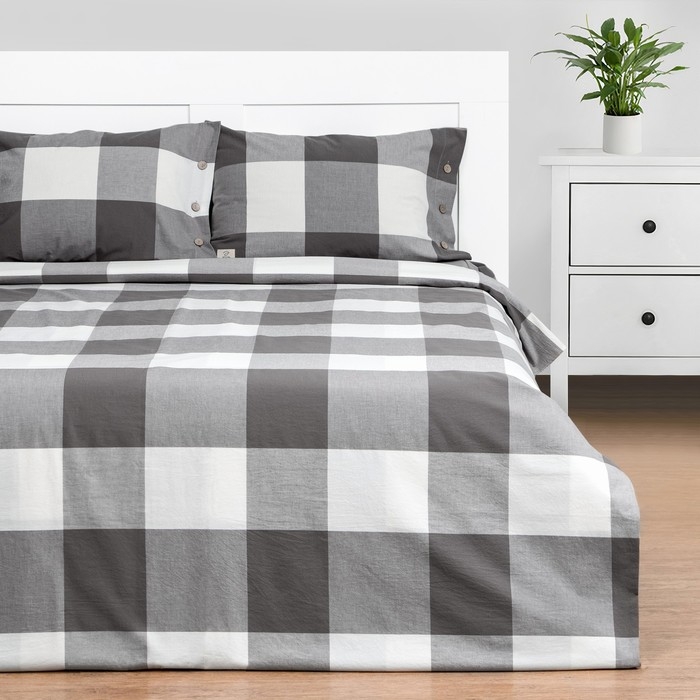 Постельное бельё Этель 1.5 сп &laquo;Серая клетка&raquo; 155х210 см,160х240 см, 50х70-2шт, 100% жатый хлопок,140гр/м2