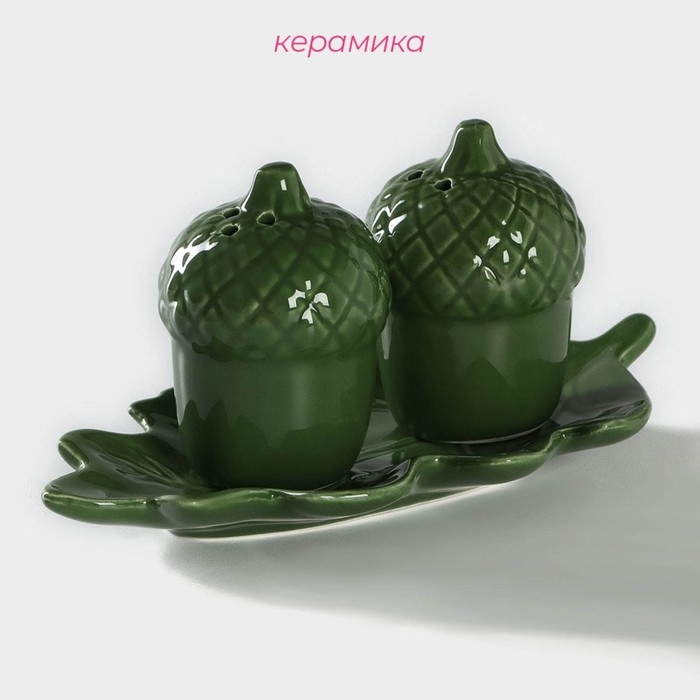 Набор для специй Доляна &laquo;Лист&raquo;, 3 предмета: солонка 80 мл, перечница 80 мл, подставка, цвет зелёный