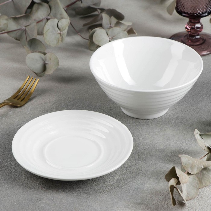 Миска фарфоровая с блюдцем, 2 предмета: миска 500 мл, блюдце d=15 см, цвет белый