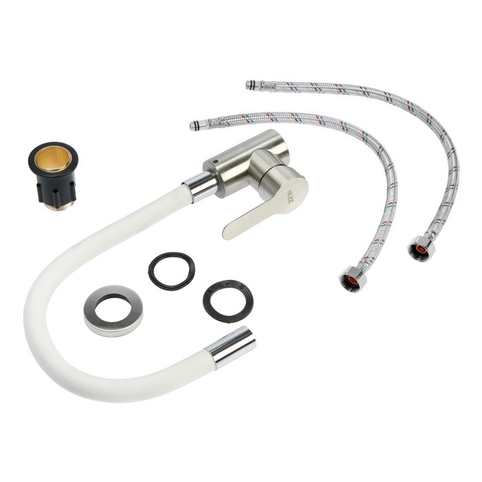 Смеситель для кухни ZEIN Z2752, гибкий излив, картридж 35 мм, нерж. сталь, белый/сатин Смеситель для кухни ZEIN Z2752, гибкий излив, картридж 35 мм, нерж. сталь, белый/сатин