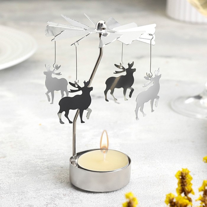 Свеча вращающаяся "Карусель с оленями", серебрянная, металл