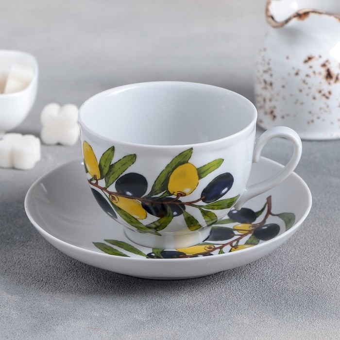 Чайная пара фарфоровая &laquo;Оливки&raquo;, 275 мл, чашка d=9,2 см, блюдце d=15,1 см, рисунок МИКС