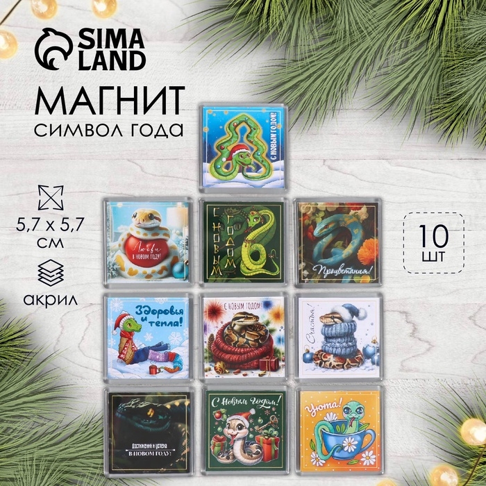 Новогодний магнит акрил "Змея. Микс" 5,7х5,7 см МИКС 10 видов