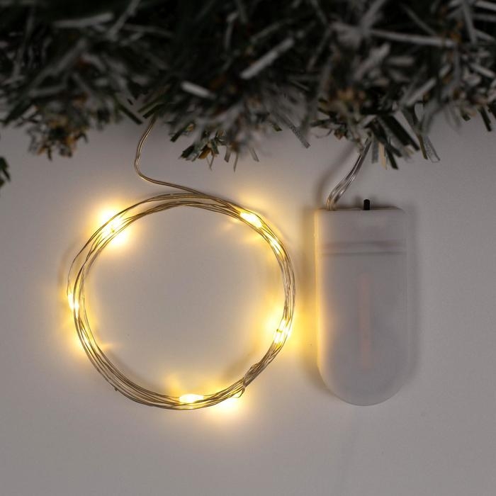 Гирлянда &laquo;Нить&raquo; 1 м роса, IP20, серебристая нить, 10 LED, батарейки CR2032х2 (в комплекте), свечение тёплое белое