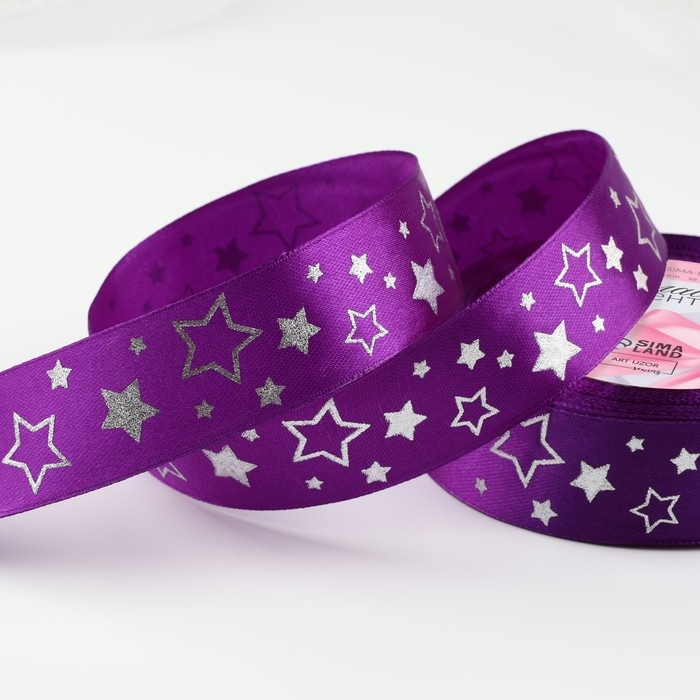 Лента атласная с тиснением &laquo;Звёзды&raquo;, 25 мм &times; 18 &plusmn; 1 м, цвет фиолетовый/серебряный №145