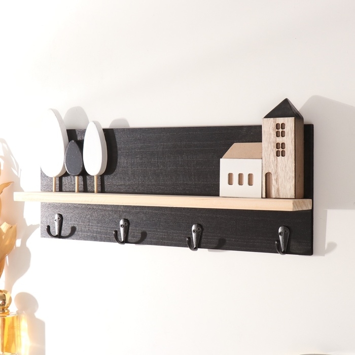 Крючки декоративные дерево с полочкой "Домики и деревья" чёрный 5х39,5х18 см