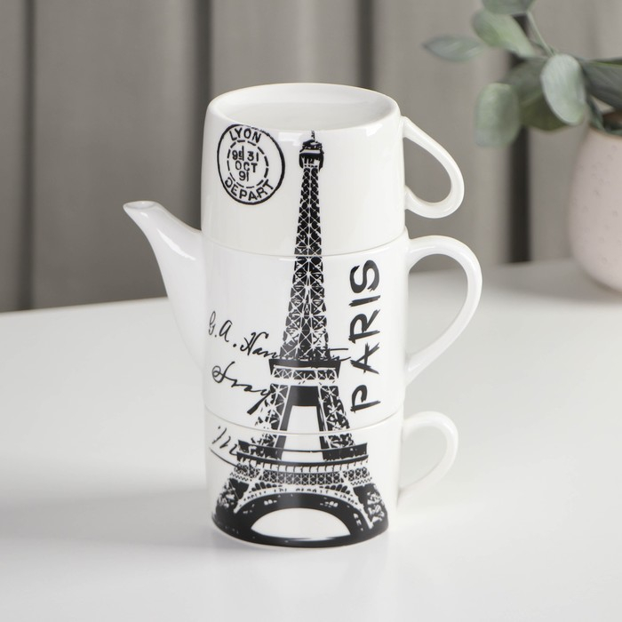 Набор чайный керамический &laquo;Страны&raquo;, 3 предмета: чайник 400 мл, 2 кружки 230 мл, рисунок МИКС