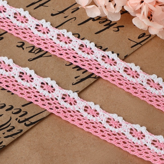 Кружево вязаное, 20 мм &times; 15 &plusmn; 1 м, цвет розовый/белый