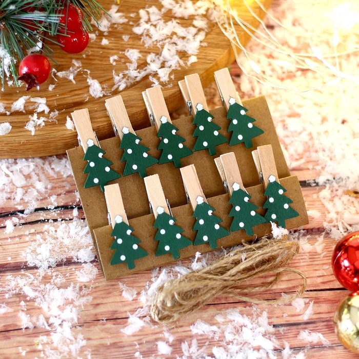 Новый год! Прищепки декоративные с верёвкой для подвеса «Ёлочки зелёные» набор 10 шт., 1,5 × 12 × 14 см Новый год! Прищепки декоративные с верёвкой для подвеса «Ёлочки зелёные» набор 10 шт., 1,5 × 12 × 14 см