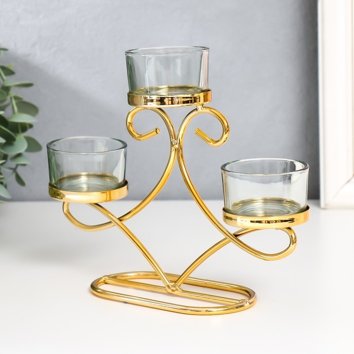 Подсвечник металл, стекло на 3 свечи "Витки" d-4,5 см золото 20х5,5х13 см