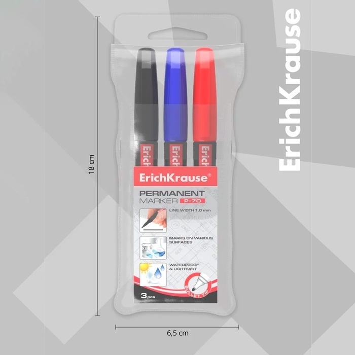 Набор маркеров перманентных 3 цвета, 1.0 мм, ErichKrause P-70, микс