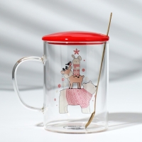 Кружка с ложкой и крышкой стеклянная Дорого внимание &laquo;Зверята&raquo;, 470 мл