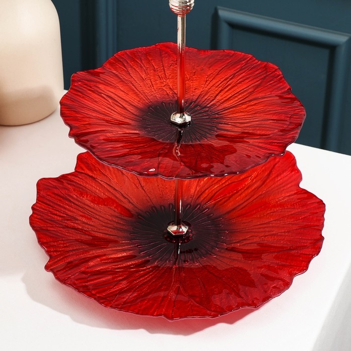 Блюдо 2-х ярусное «Маки», d=21/28 см, цвет красный Блюдо 2-х ярусное «Маки», d=21/28 см, цвет красный