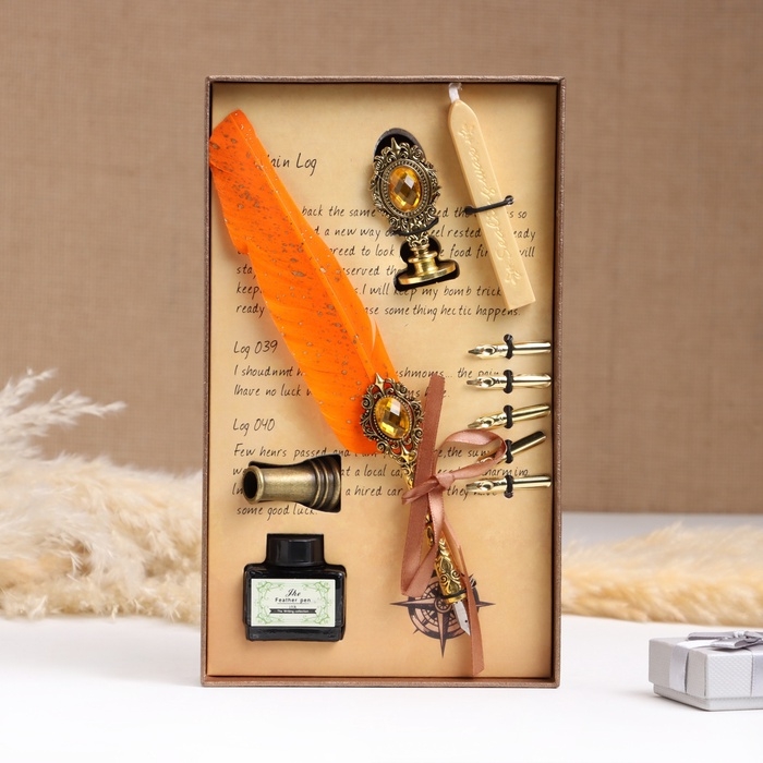 Набор подарочный 5в1 "Реликвия": перьевая ручка оранжевая, чернила, печать, воск