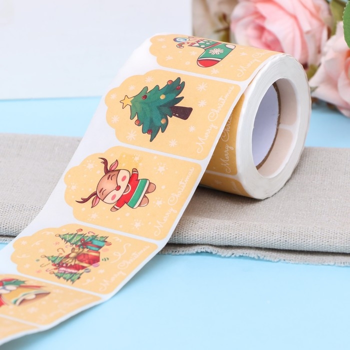 Наклейки крафт  в рулоне "Новогоднее настроение",300 шт,4 х 6см