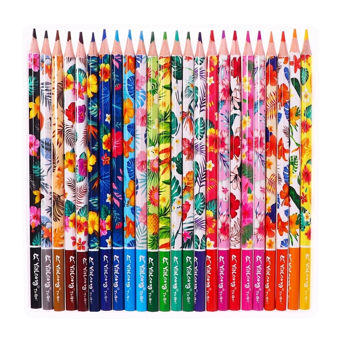 Карандаши 24 цвета в картонной коробке, шестигранные, деревянные,Цветы на чёрном  МИКС