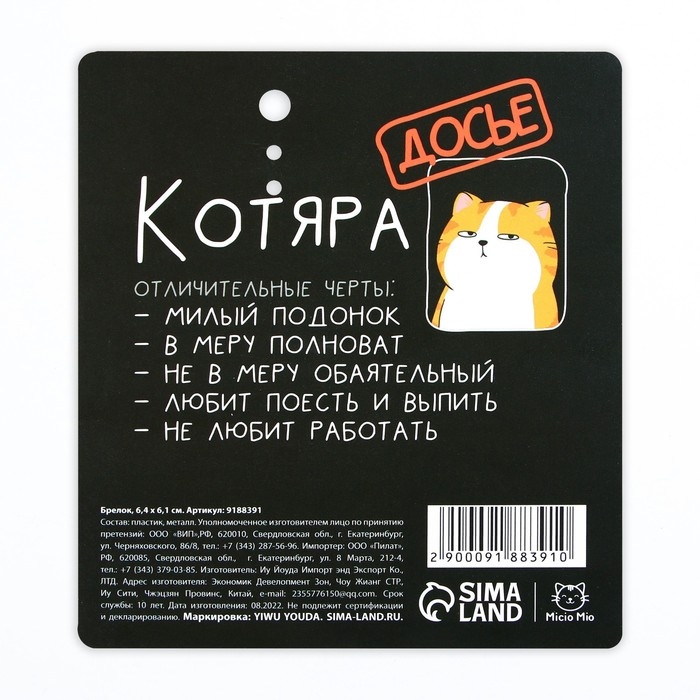 Брелок для ключей акриловый &laquo;Котик&raquo;, 6 х 5,4 см