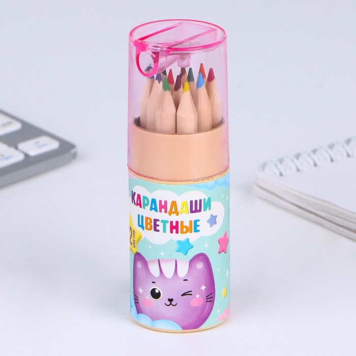Набор цветных карандашей мини в тубусе &laquo;Котик&raquo;, 12 шт, с точилкой
