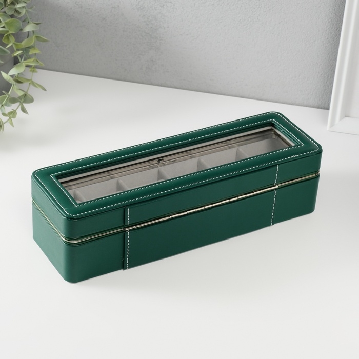 Шкатулка кожзам под часы 6 отделений "Зелёная" 9,5х30,5х8 см