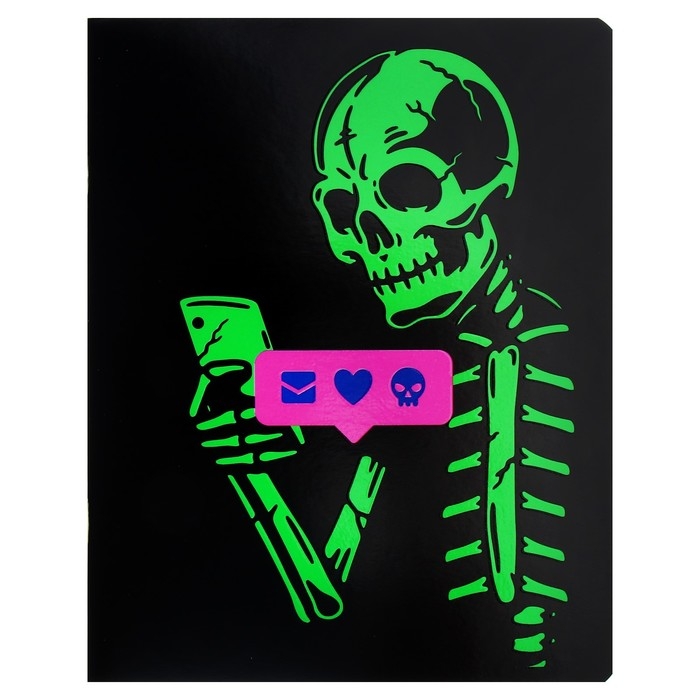 Тетрадь 48 листов в клетку на скрепке Тетрадь 48 листов в клетку на скрепке "Скелетон", обложка мелованный картон, ВД-лак, флуоресцентная краска, МИКС