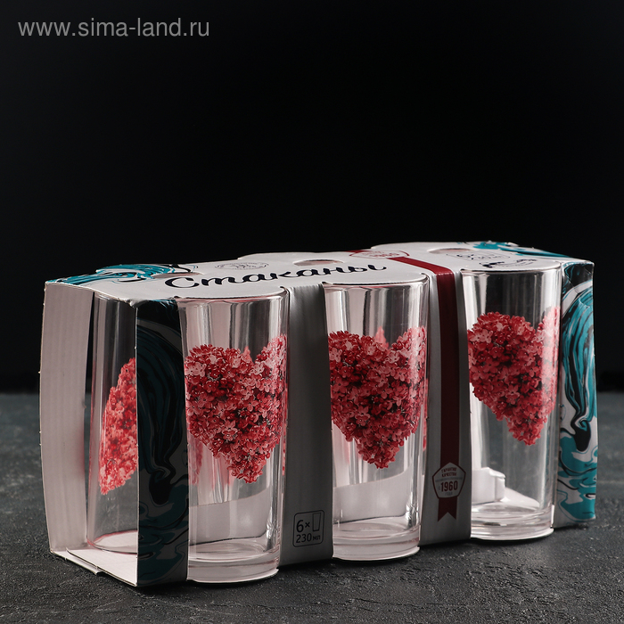 Набор стеклянных стаканов &laquo;Цветочное сердце&raquo;, 230 мл, 6 шт, рисунок МИКС