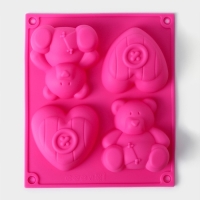 Форма для выпечки Доляна &laquo;Мишка и сердце&raquo;, силикон, 17&times;15 см, 4 ячейки, цвет розовый
