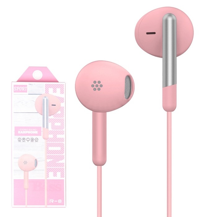 Наушники R-8, проводные, вкладыши, микрофон, 1 м, Jack 3.5 мм, розовые