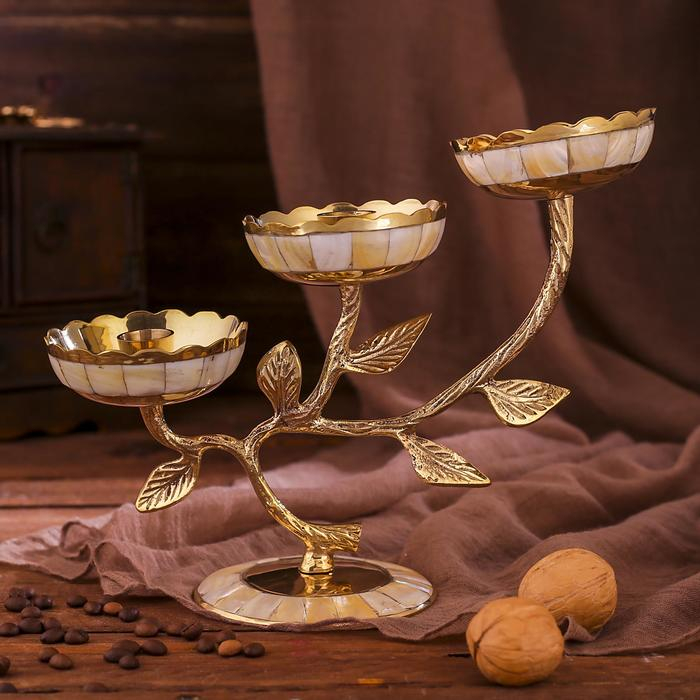 Подсвечник латунь на 3 свечи "Три бутона" с перламутром 25,5х10х18,5 см