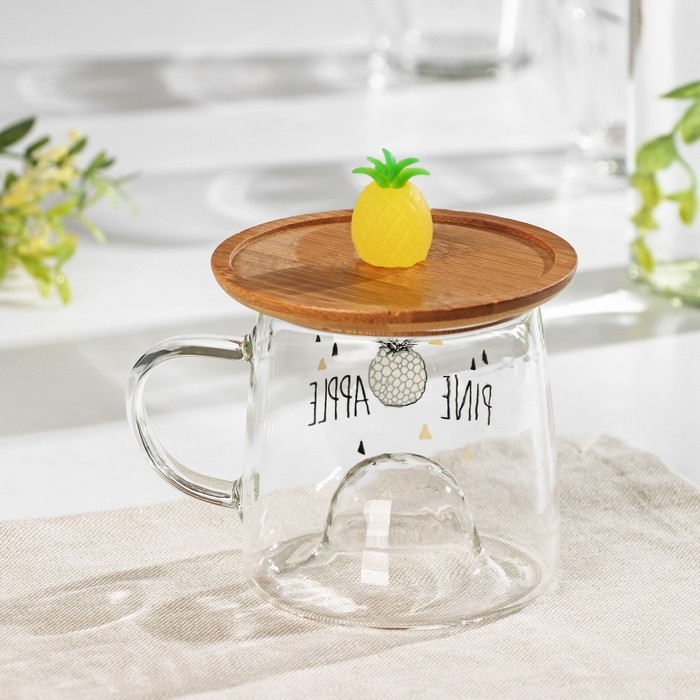 Кружка стеклянная с деревянной крышкой «Ананасик», 300 мл Кружка стеклянная с деревянной крышкой «Ананасик», 300 мл