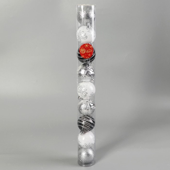 Набор шаров пластик d-6 см, 9 шт "Мелодия" орбита узор элит серебро, микс