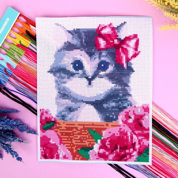 Вышивка крестиком &laquo;Котик в корзинке&raquo;, набор для творчества, 25 х 20 см