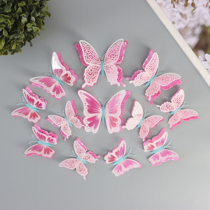 Магнит пластик светится в темноте Магнит пластик светится в темноте "Розовые бабочки" двойные крылья набор 12 шт