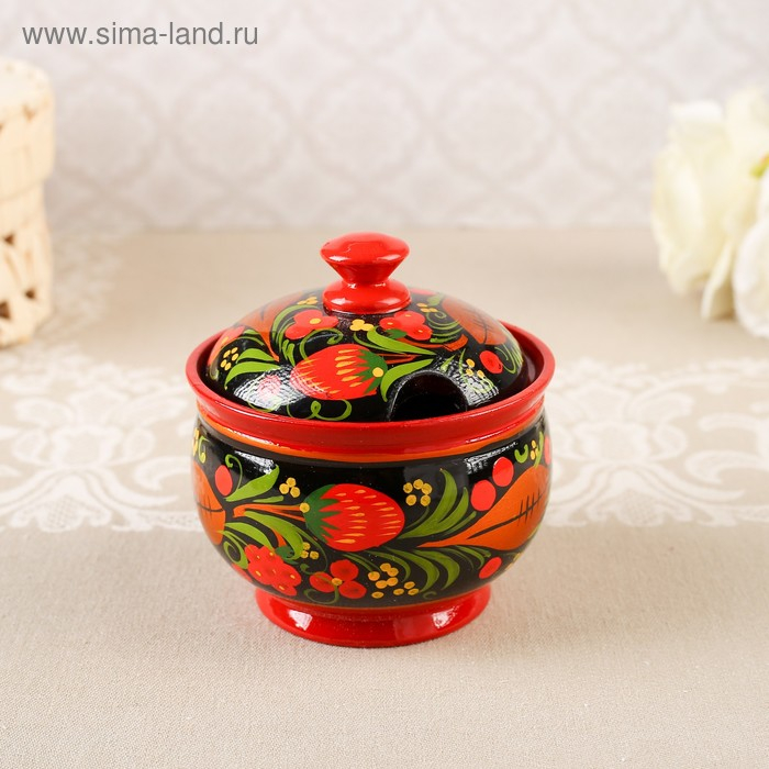 Сахарница, с ложкой, 10&times;9 см, хохлома