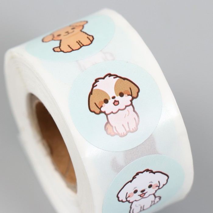 Наклейка бумага "Щенки" d=2,5 см 500 шт в рулоне 3х6,5х6,5 см