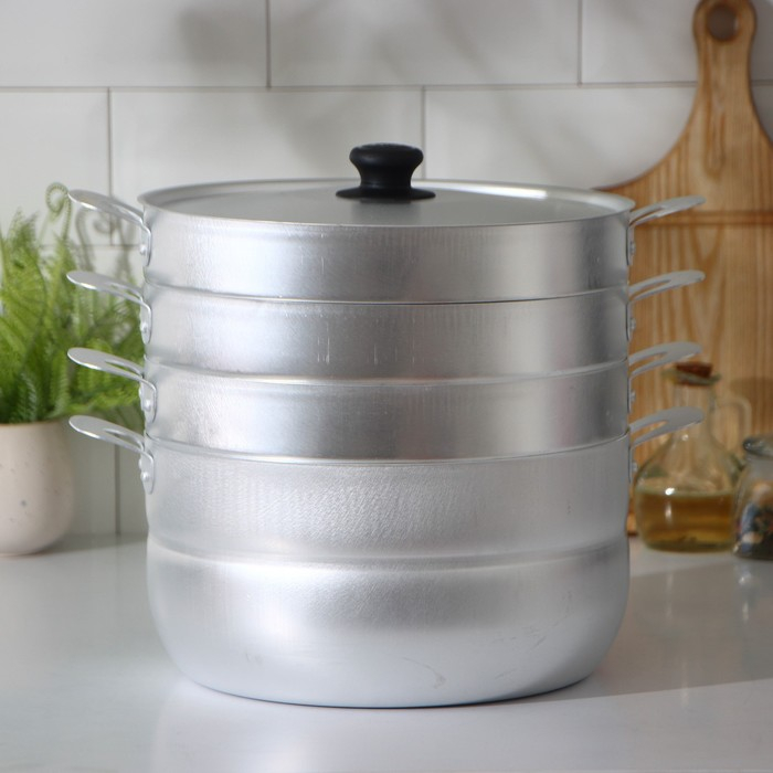 Манты-казан алюминиевый, 6 л, с 3 сетками, d=22 см, высота секции 5 см, металлическая крышка Манты-казан алюминиевый, 6 л, с 3 сетками, d=22 см, высота секции 5 см, металлическая крышка