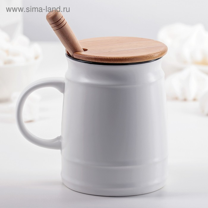 Кружка керамическая с деревянной крышкой и ложкой &laquo;Морская&raquo;, 400 мл, рисунок МИКС