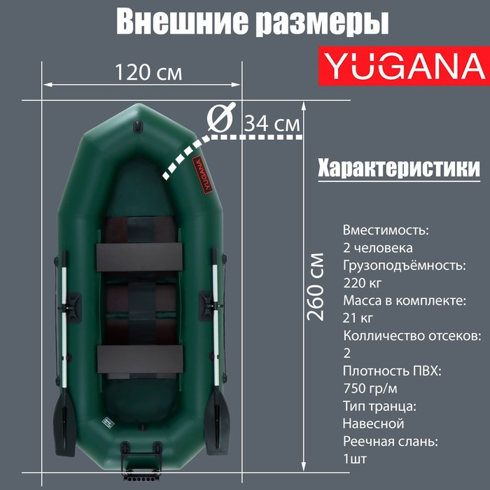 Лодка YUGANA R-260 PC ТР, реечная слань+транец, цвет олива Лодка YUGANA R-260 PC ТР, реечная слань+транец, цвет олива