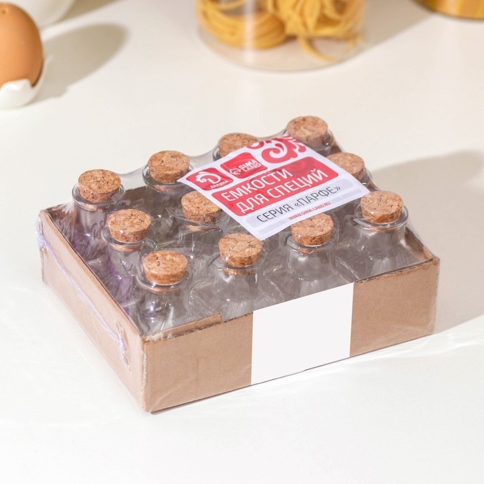 Набор баночек стеклянных для специй с пробковой крышкой Доляна &laquo;Парфе&raquo;, 50 мл, 4,5&times;4,5&times;6,8 см, 12 шт