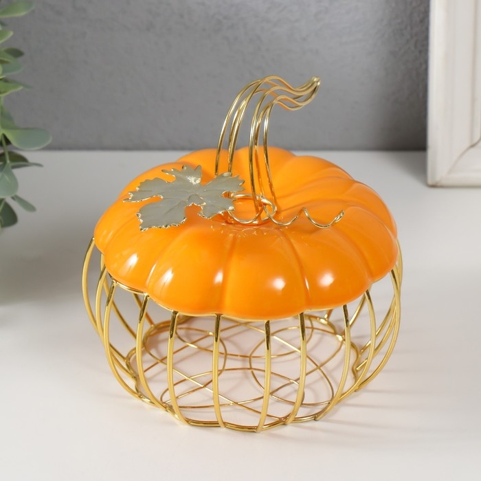 Шкатулка металл, керамика "Тыква с листочком" оранжевая с золотом 14х14х13 см
