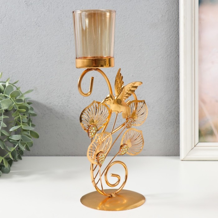 Подсвечник металл, стекло на 1 свечу "Полет колибри" d=4,7 см, золото 15,5х9х27,8 см