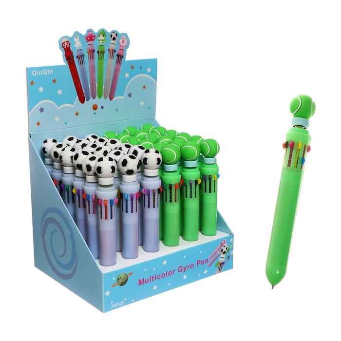 Ручка шариковая автоматическая 10-ти цветная, Ручка шариковая автоматическая 10-ти цветная, "Спортивные мячи-спиннер", МИКС