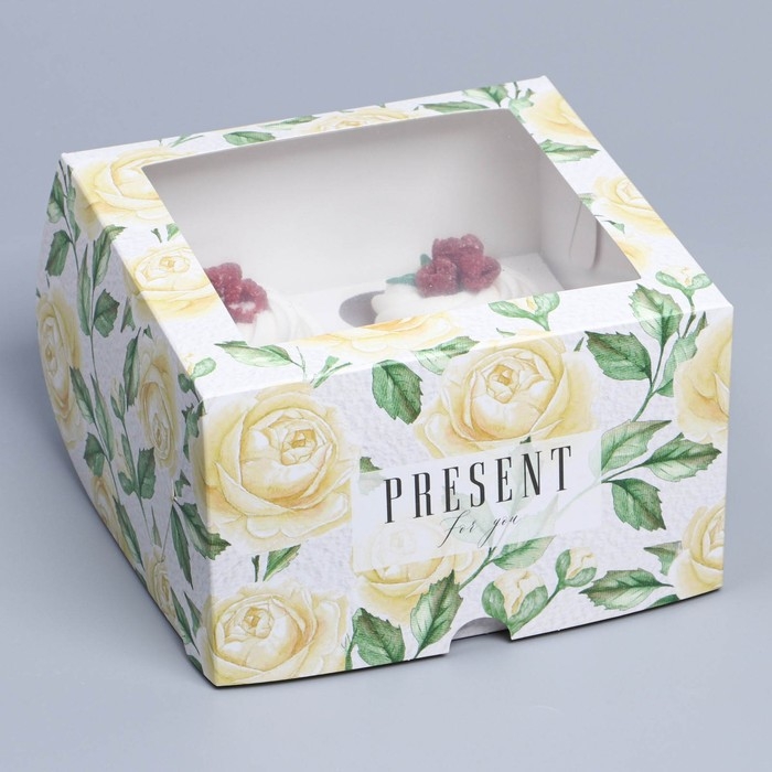 Коробка для капкейков, кондитерская упаковка с окном, 4 ячейки «Белые розы», 16 х 16 х 10 см Коробка для капкейков, кондитерская упаковка с окном, 4 ячейки «Белые розы», 16 х 16 х 10 см