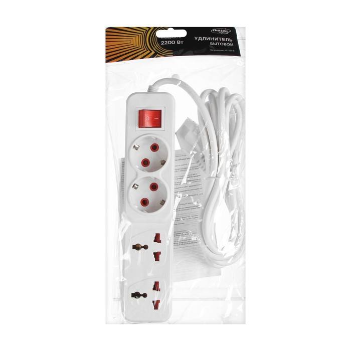 Удлинитель Luazon Lighting, 2 евро+2 унив.роз., 3 м, 2200 Вт, 2х0.5 мм2, с выкл., белый Удлинитель Luazon Lighting, 2 евро+2 унив.роз., 3 м, 2200 Вт, 2х0.5 мм2, с выкл., белый