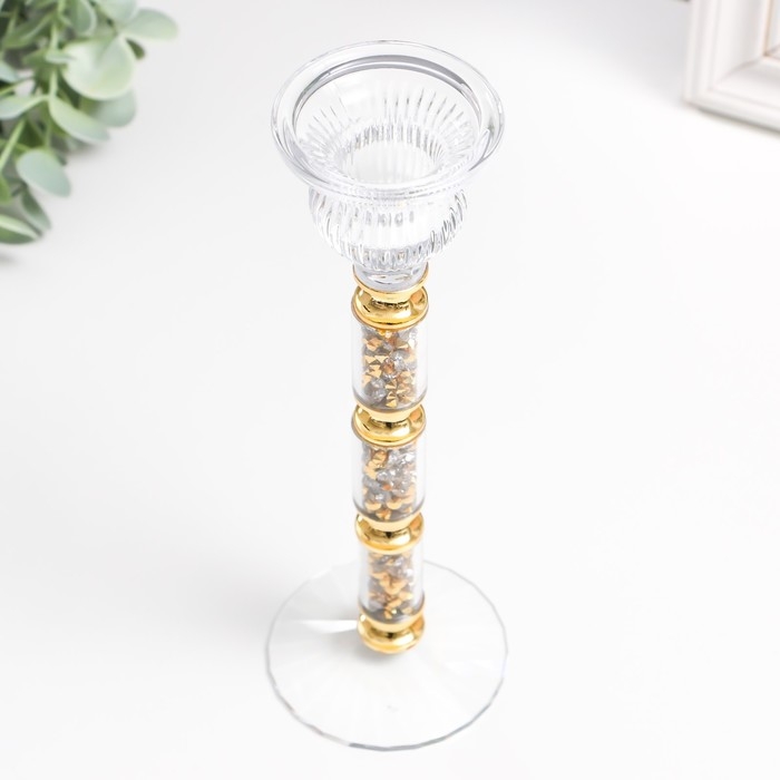 Подсвечник стекло на1 свечу "Ребристый на ножке со стразами" с золотом d=2,5 см 7х7х21 см