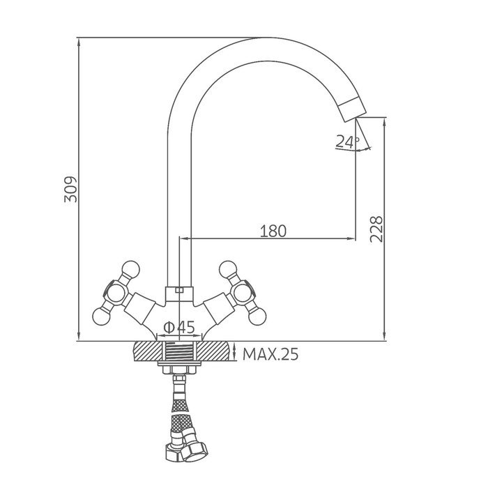 Cмеситель для кухни Accoona A4571A, двухвентильный, с гайкой, латунь, сатин