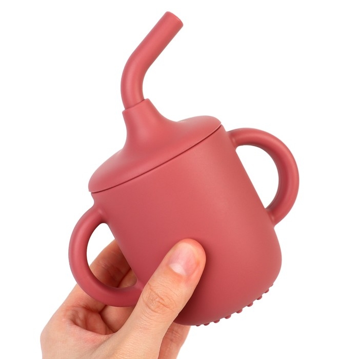 Поильник с трубочкой детский силиконовый &laquo;Try again&raquo;, 200 мл., с ручками, цвет вишневый