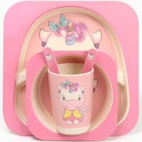 Набор бамбуковой посуды &laquo;Единорог&raquo;, тарелка, миска, стакан, приборы, 5 предметов