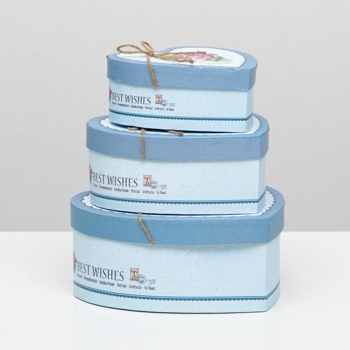 Набор коробок 3 в 1 сердца "Розы" голубой, 21 х 19 х 9 - 15.5 х 14 х 6 см